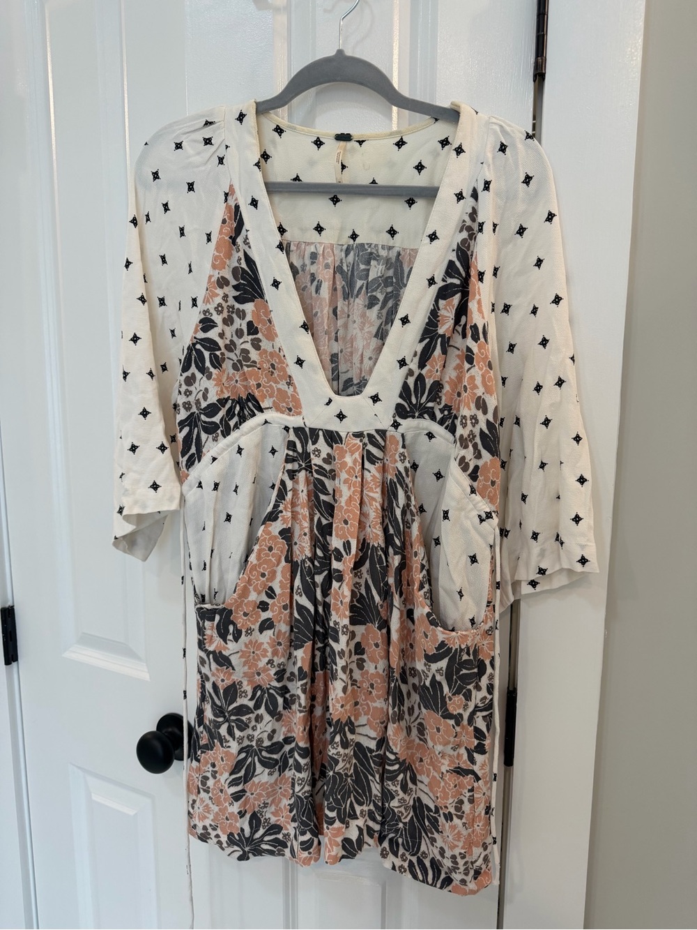 Free People Cream and Black Floral Patchwork Tunic Dress